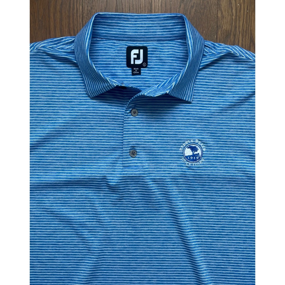 FootJoy Pebble Beach Golf Links Polo Shirt Men Large Blue Striped FJ Performance - Picture 2 of 4